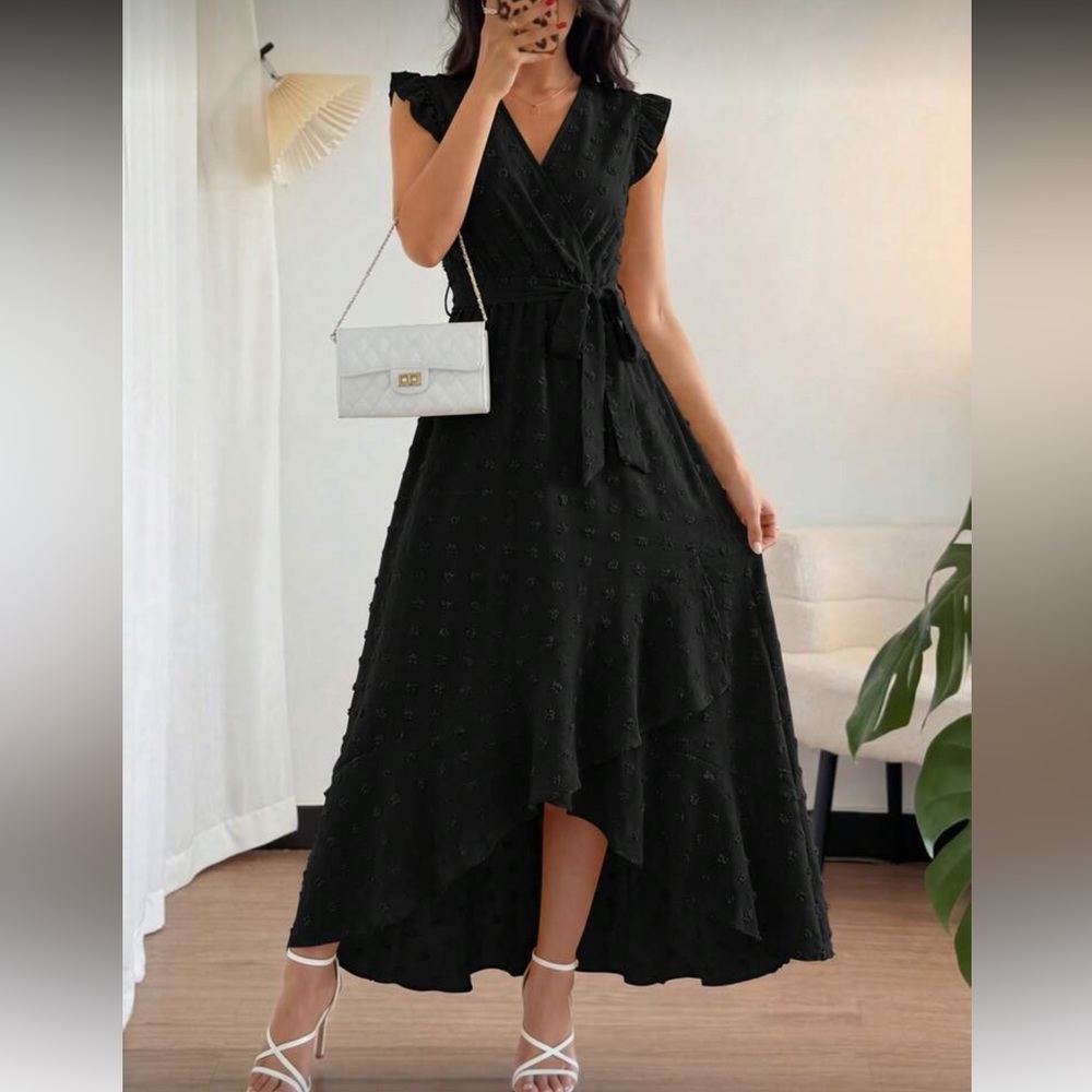 Elegant Black High-Low Midi Dress with Tie Waist